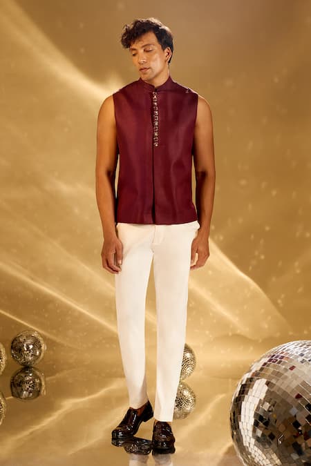 Buy Arihant Rai Sinha Wine Silk Embroidery Geometric Resham Bandhgala Set Online at Aza Fashions Buy_Arihant Rai Sinha_Wine Silk Embroidery Geometric Resham Bandhgala Set _Online_at_Aza_Fashions