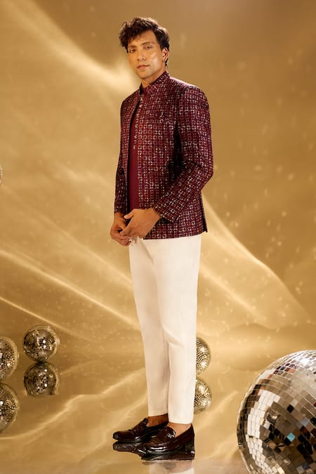 Shop Arihant Rai Sinha Wine Silk Embroidery Geometric Resham Bandhgala Set Online at Aza Fashions Shop_Arihant Rai Sinha_Wine Silk Embroidery Geometric Resham Bandhgala Set _Online_at_Aza_Fashions