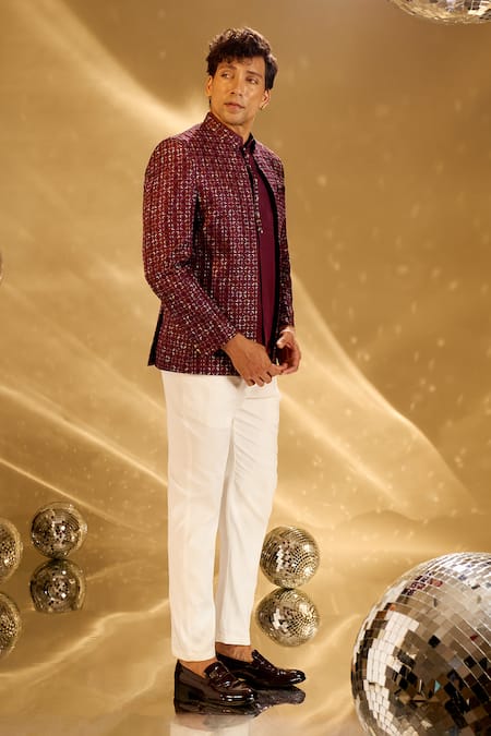 Arihant Rai Sinha Wine Silk Embroidery Geometric Resham Bandhgala Set at Aza Fashions Arihant Rai Sinha_Wine Silk Embroidery Geometric Resham Bandhgala Set _at_Aza_Fashions