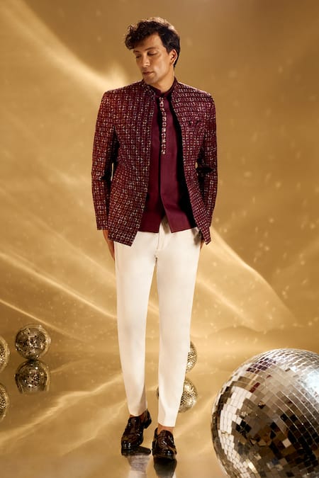 Buy Arihant Rai Sinha Wine Silk Embroidery Geometric Resham Bandhgala Set Buy_Arihant Rai Sinha_Wine Silk Embroidery Geometric Resham Bandhgala Set