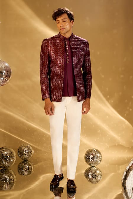 Shop Arihant Rai Sinha Wine Silk Embroidery Geometric Resham Bandhgala Set Shop_Arihant Rai Sinha_Wine Silk Embroidery Geometric Resham Bandhgala Set