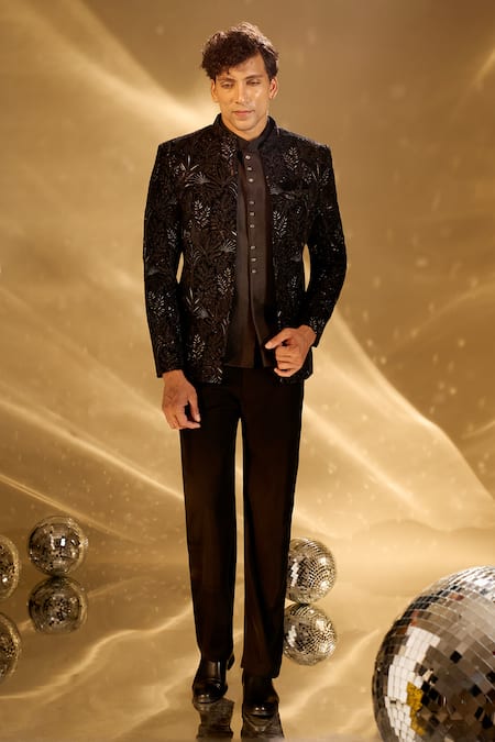 Shop Arihant Rai Sinha Black Silk Embroidery Bandhgala Set Shop_Arihant Rai Sinha_Black Silk Embroidery Bandhgala Set