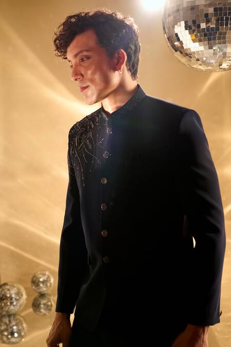 Shop Arihant Rai Sinha Blue Polyester, Rayon Embroidery, Sequins, Beads Floral Bandhgala Online at Aza Fashions Shop_Arihant Rai Sinha_Blue Polyester, Rayon Embroidery, Sequins, Beads Floral Bandhgala _Online_at_Aza_Fashions