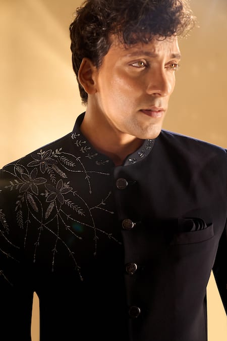 Arihant Rai Sinha Blue Polyester, Rayon Embroidery, Sequins, Beads Floral Bandhgala at Aza Fashions Arihant Rai Sinha_Blue Polyester, Rayon Embroidery, Sequins, Beads Floral Bandhgala _at_Aza_Fashions