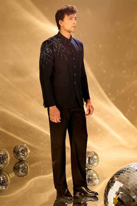 Shop Arihant Rai Sinha Blue Polyester, Rayon Embroidery, Sequins, Beads Floral Bandhgala Shop_Arihant Rai Sinha_Blue Polyester, Rayon Embroidery, Sequins, Beads Floral Bandhgala