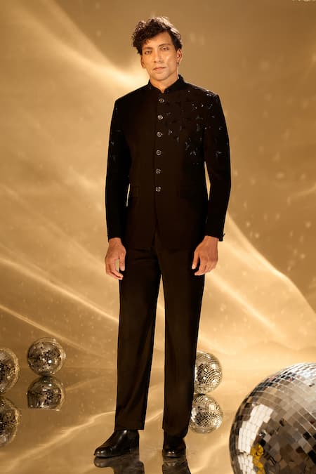 Shop Arihant Rai Sinha Black Stones Cutdana Embroidered Bandhgala Online at Aza Fashions Shop_Arihant Rai Sinha_Black Stones Cutdana Embroidered Bandhgala _Online_at_Aza_Fashions