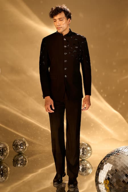 Shop Arihant Rai Sinha Black Stones Cutdana Embroidered Bandhgala Shop_Arihant Rai Sinha_Black Stones Cutdana Embroidered Bandhgala