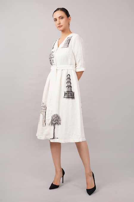 Abraham And Thakore_Ivory Linen Sequins V-neck Architecture Print Dress _Online_at_Aza_Fashions