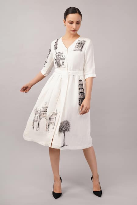 Buy_Abraham And Thakore_Ivory Linen Sequins V-neck Architecture Print Dress _Online_at_Aza_Fashions