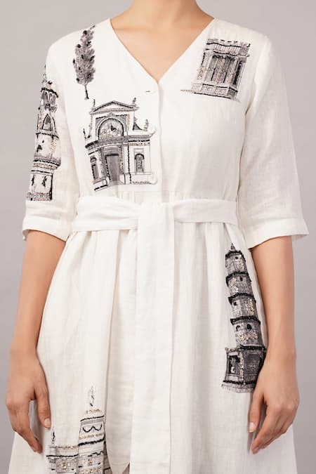 Shop_Abraham And Thakore_Ivory Linen Sequins V-neck Architecture Print Dress _Online_at_Aza_Fashions
