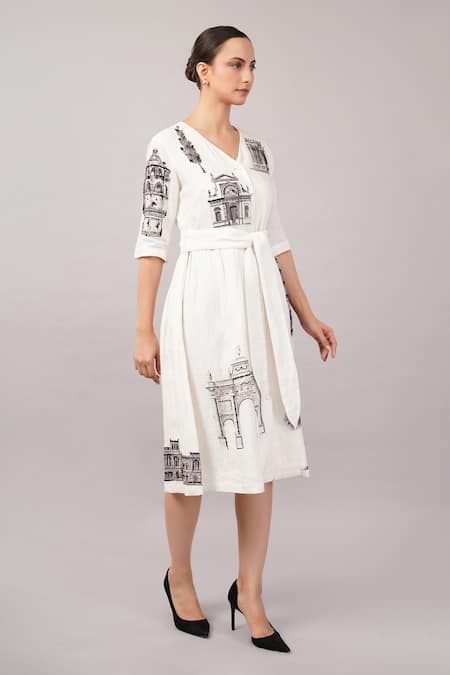 Abraham And Thakore_Ivory Linen Sequins V-neck Architecture Print Dress _at_Aza_Fashions