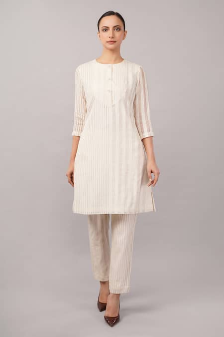 Abraham And Thakore_Ivory Silk, Cotton Round Neck, Split Maheswari Stripe Dress _Online_at_Aza_Fashions