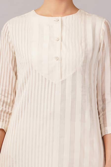 Buy_Abraham And Thakore_Ivory Silk, Cotton Round Neck, Split Maheswari Stripe Dress _Online_at_Aza_Fashions