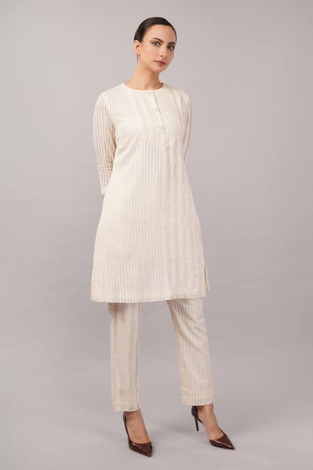 Abraham And Thakore_Ivory Silk, Cotton Round Neck, Split Maheswari Stripe Dress _at_Aza_Fashions