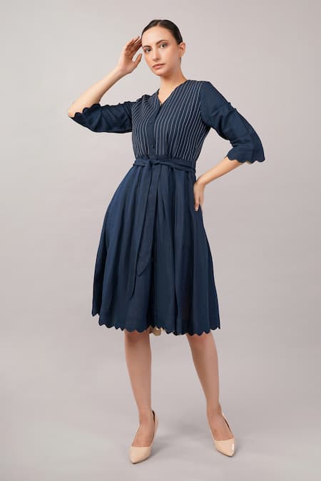 Shop_Abraham And Thakore_Navy Viscose, Linen V-, Button-down Scallop Dress _Online_at_Aza_Fashions