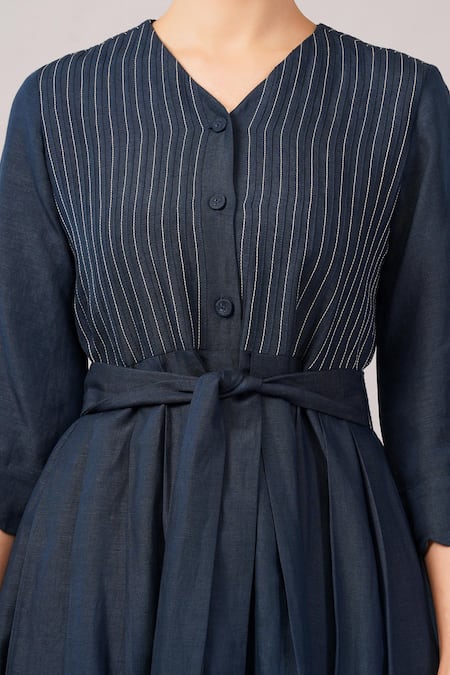 Abraham And Thakore_Navy Viscose, Linen V-, Button-down Scallop Dress _at_Aza_Fashions