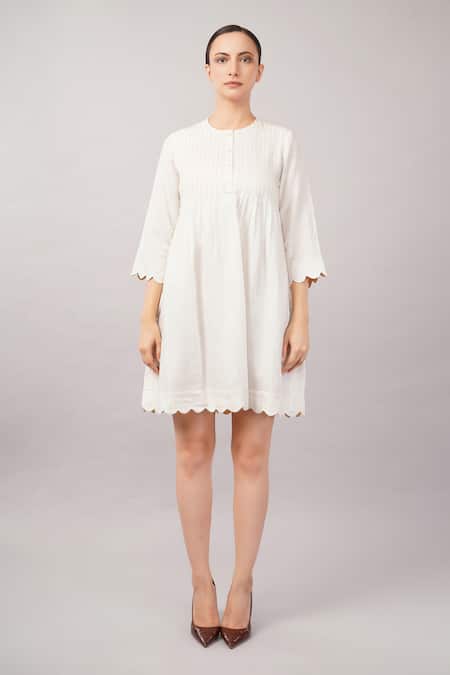 Abraham And Thakore Ivory Linen, Viscose Round Neck Scallop Dress Online at Aza Fashions Abraham And Thakore_Ivory Linen, Viscose Round Neck Scallop Dress _Online_at_Aza_Fashions
