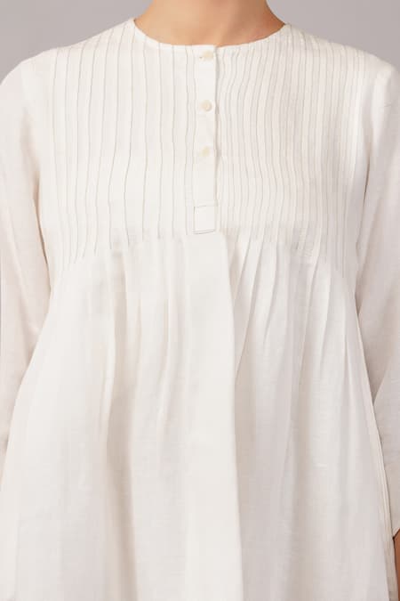 Abraham And Thakore Ivory Linen, Viscose Round Neck Scallop Dress at Aza Fashions Abraham And Thakore_Ivory Linen, Viscose Round Neck Scallop Dress _at_Aza_Fashions