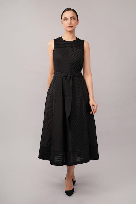 Buy_Abraham And Thakore_Black Cotton Round Neck Pleated Striped Dress _Online_at_Aza_Fashions