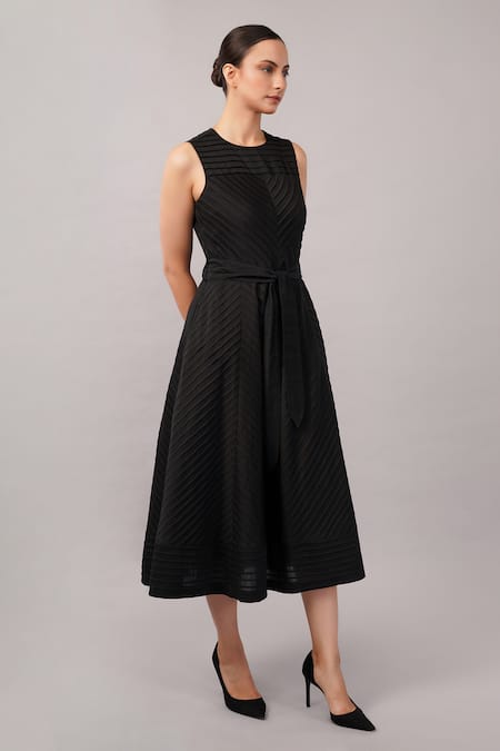 Shop_Abraham And Thakore_Black Cotton Round Neck Pleated Striped Dress _Online_at_Aza_Fashions