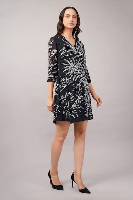 Abraham And Thakore_Black Viscose Georgette Sequins V-neck Jungle Print Dress _Online_at_Aza_Fashions