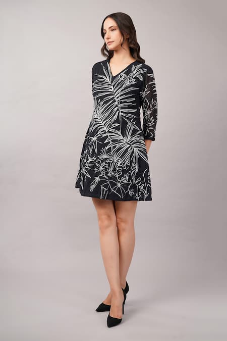 Buy_Abraham And Thakore_Black Viscose Georgette Sequins V-neck Jungle Print Dress _Online_at_Aza_Fashions