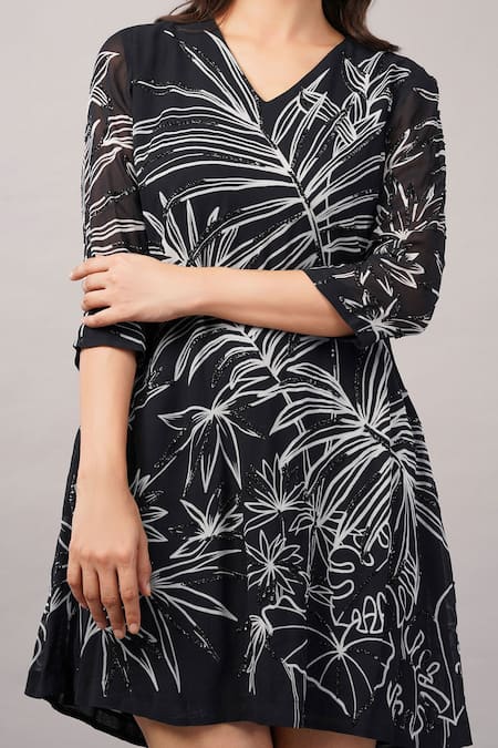 Abraham And Thakore_Black Viscose Georgette Sequins V-neck Jungle Print Dress _at_Aza_Fashions