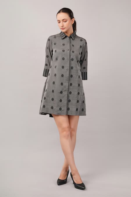 Abraham And Thakore_Gray Silk, Cotton Collared, Button-down Neck Polka Dot Dress _Online_at_Aza_Fashions