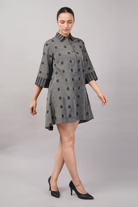 Buy_Abraham And Thakore_Gray Silk, Cotton Collared, Button-down Neck Polka Dot Dress _Online_at_Aza_Fashions