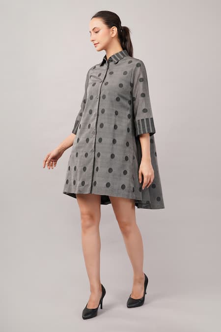 Shop_Abraham And Thakore_Gray Silk, Cotton Collared, Button-down Neck Polka Dot Dress _Online_at_Aza_Fashions