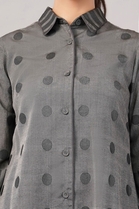 Abraham And Thakore_Gray Silk, Cotton Collared, Button-down Neck Polka Dot Dress _at_Aza_Fashions