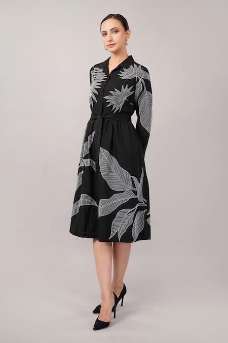 Abraham And Thakore Black Linen Applique Collared, V-neck Leaf Dress Online at Aza Fashions Abraham And Thakore_Black Linen Applique Collared, V-neck Leaf Dress _Online_at_Aza_Fashions