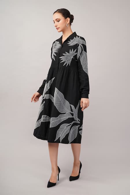 Buy Abraham And Thakore Black Linen Applique Collared, V-neck Leaf Dress Online at Aza Fashions Buy_Abraham And Thakore_Black Linen Applique Collared, V-neck Leaf Dress _Online_at_Aza_Fashions