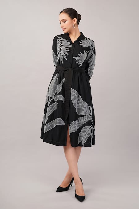 Shop Abraham And Thakore Black Linen Applique Collared, V-neck Leaf Dress Online at Aza Fashions Shop_Abraham And Thakore_Black Linen Applique Collared, V-neck Leaf Dress _Online_at_Aza_Fashions