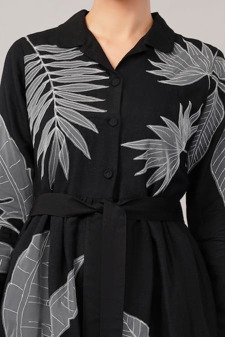 Abraham And Thakore Black Linen Applique Collared, V-neck Leaf Dress at Aza Fashions Abraham And Thakore_Black Linen Applique Collared, V-neck Leaf Dress _at_Aza_Fashions