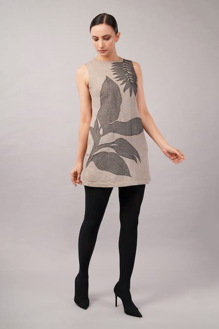 Shop_Abraham And Thakore_Taupe Linen Applique Round Neck Leaf Dress _Online_at_Aza_Fashions
