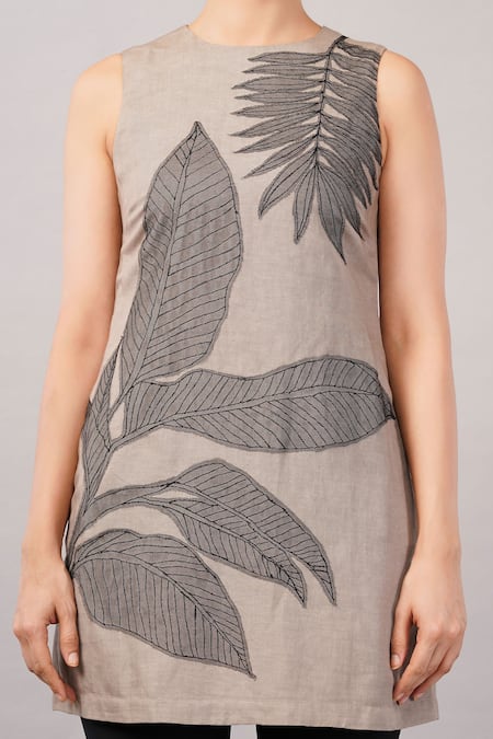 Abraham And Thakore_Taupe Linen Applique Round Neck Leaf Dress _at_Aza_Fashions