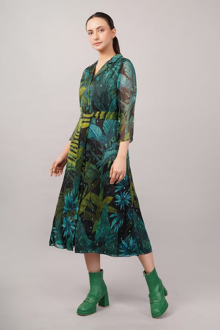 Abraham And Thakore Green Viscose, Organza Sequins Collared, V-neck Jungle Dress Online at Aza Fashions Abraham And Thakore_Green Viscose, Organza Sequins Collared, V-neck Jungle Dress _Online_at_Aza_Fashions