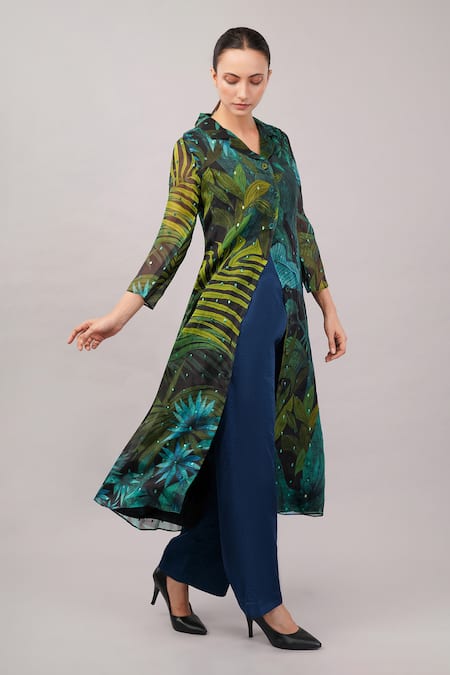 Buy Abraham And Thakore Green Viscose, Organza Sequins Collared, V-neck Jungle Dress Online at Aza Fashions Buy_Abraham And Thakore_Green Viscose, Organza Sequins Collared, V-neck Jungle Dress _Online_at_Aza_Fashions