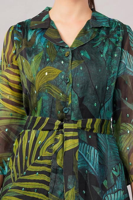 Shop Abraham And Thakore Green Viscose, Organza Sequins Collared, V-neck Jungle Dress Online at Aza Fashions Shop_Abraham And Thakore_Green Viscose, Organza Sequins Collared, V-neck Jungle Dress _Online_at_Aza_Fashions