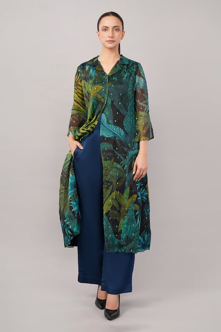 Abraham And Thakore Green Viscose, Organza Sequins Collared, V-neck Jungle Dress at Aza Fashions Abraham And Thakore_Green Viscose, Organza Sequins Collared, V-neck Jungle Dress _at_Aza_Fashions