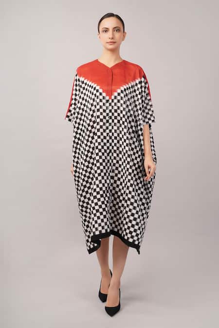 Abraham And Thakore_Black Tencel Button-down Neck, Checkerboard Ikat Kaftan _Online_at_Aza_Fashions