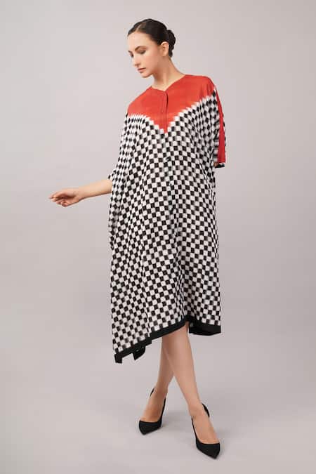 Shop_Abraham And Thakore_Black Tencel Button-down Neck, Checkerboard Ikat Kaftan _Online_at_Aza_Fashions