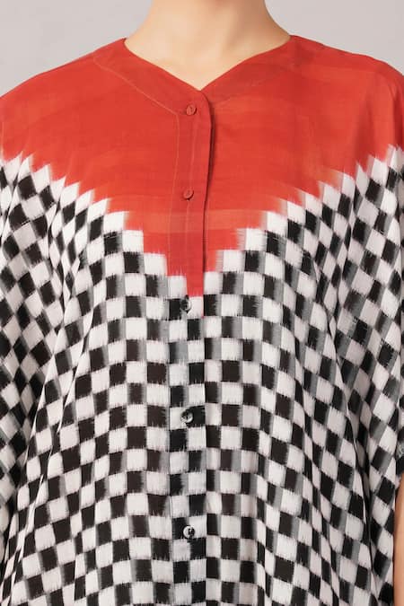 Abraham And Thakore_Black Tencel Button-down Neck, Checkerboard Ikat Kaftan _at_Aza_Fashions
