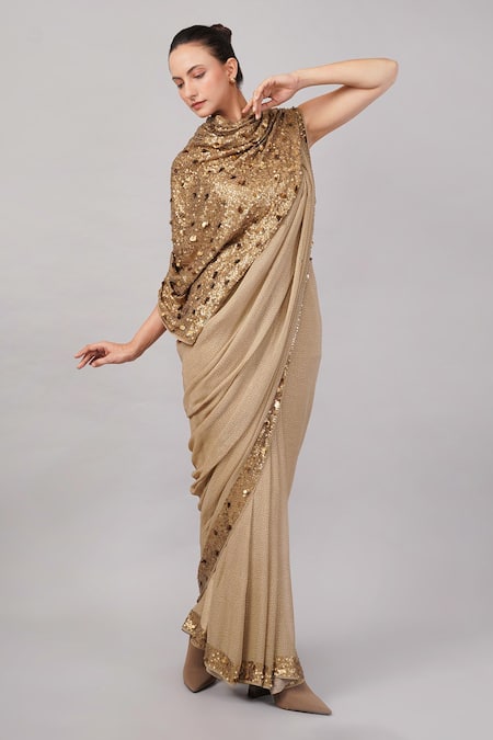 Abraham And Thakore_Beige Viscose Georgette Sequins, Embroidery Dot Print And Work Saree _Online_at_Aza_Fashions