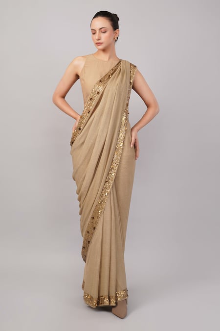 Buy_Abraham And Thakore_Beige Viscose Georgette Sequins, Embroidery Dot Print And Work Saree _Online_at_Aza_Fashions