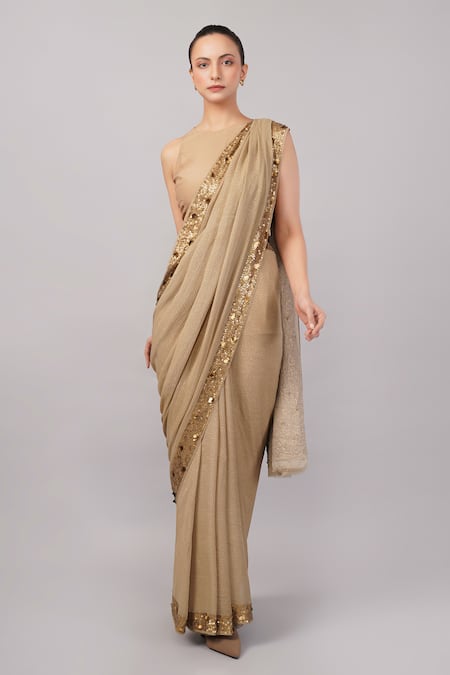 Shop_Abraham And Thakore_Beige Viscose Georgette Sequins, Embroidery Dot Print And Work Saree _Online_at_Aza_Fashions