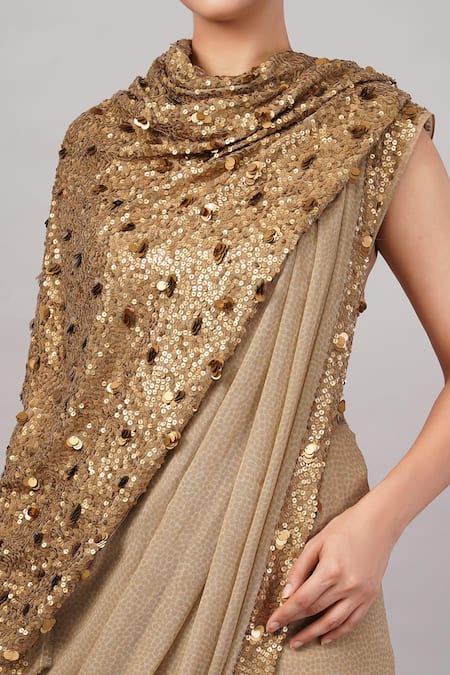Abraham And Thakore_Beige Viscose Georgette Sequins, Embroidery Dot Print And Work Saree _at_Aza_Fashions