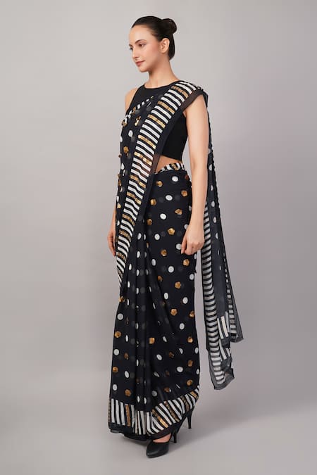 Abraham And Thakore_Black Viscose Georgette Sequins Work And Polka Dot Saree _Online_at_Aza_Fashions
