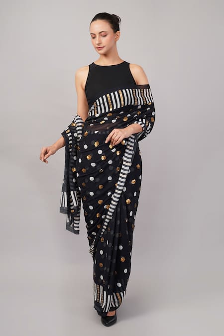 Shop_Abraham And Thakore_Black Viscose Georgette Sequins Work And Polka Dot Saree _Online_at_Aza_Fashions